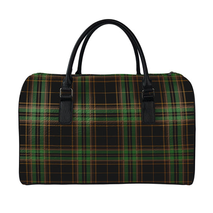 Black And Green Stewart Tartan Print Leather Duffle Bag