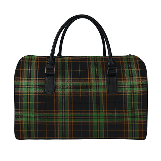 Black And Green Stewart Tartan Print Leather Duffle Bag