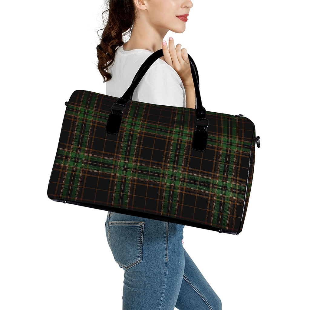Black And Green Stewart Tartan Print Leather Duffle Bag