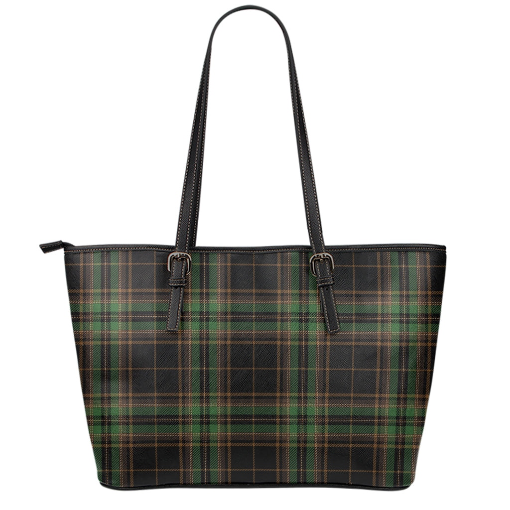 Black And Green Stewart Tartan Print Leather Tote Bag