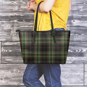 Black And Green Stewart Tartan Print Leather Tote Bag