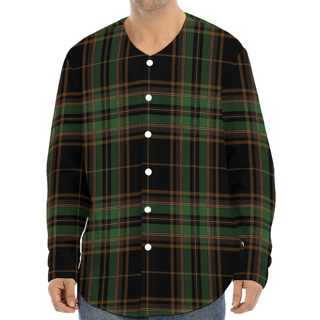 Black And Green Stewart Tartan Print Long Sleeve Baseball Jersey