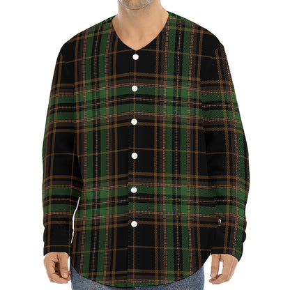 Black And Green Stewart Tartan Print Long Sleeve Baseball Jersey