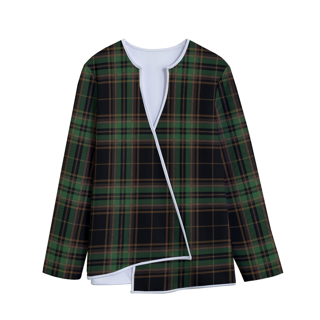 Black And Green Stewart Tartan Print Long Sleeve Short Coat