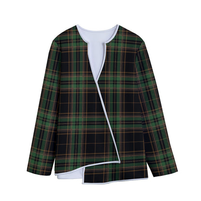 Black And Green Stewart Tartan Print Long Sleeve Short Coat