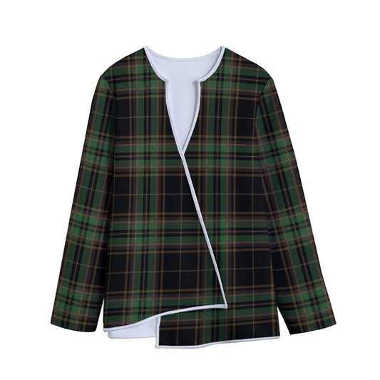 Black And Green Stewart Tartan Print Long Sleeve Short Coat