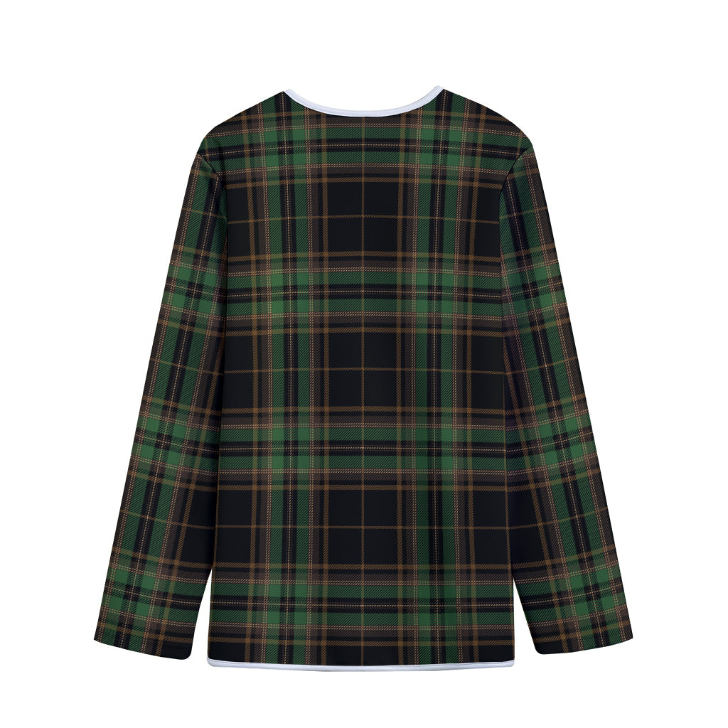 Black And Green Stewart Tartan Print Long Sleeve Short Coat