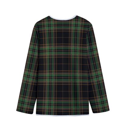 Black And Green Stewart Tartan Print Long Sleeve Short Coat