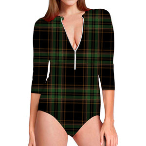 Black And Green Stewart Tartan Print Long Sleeve Swimsuit