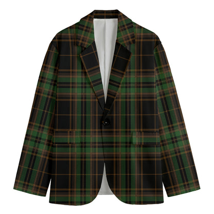 Black And Green Stewart Tartan Print Men's Cotton Blazer