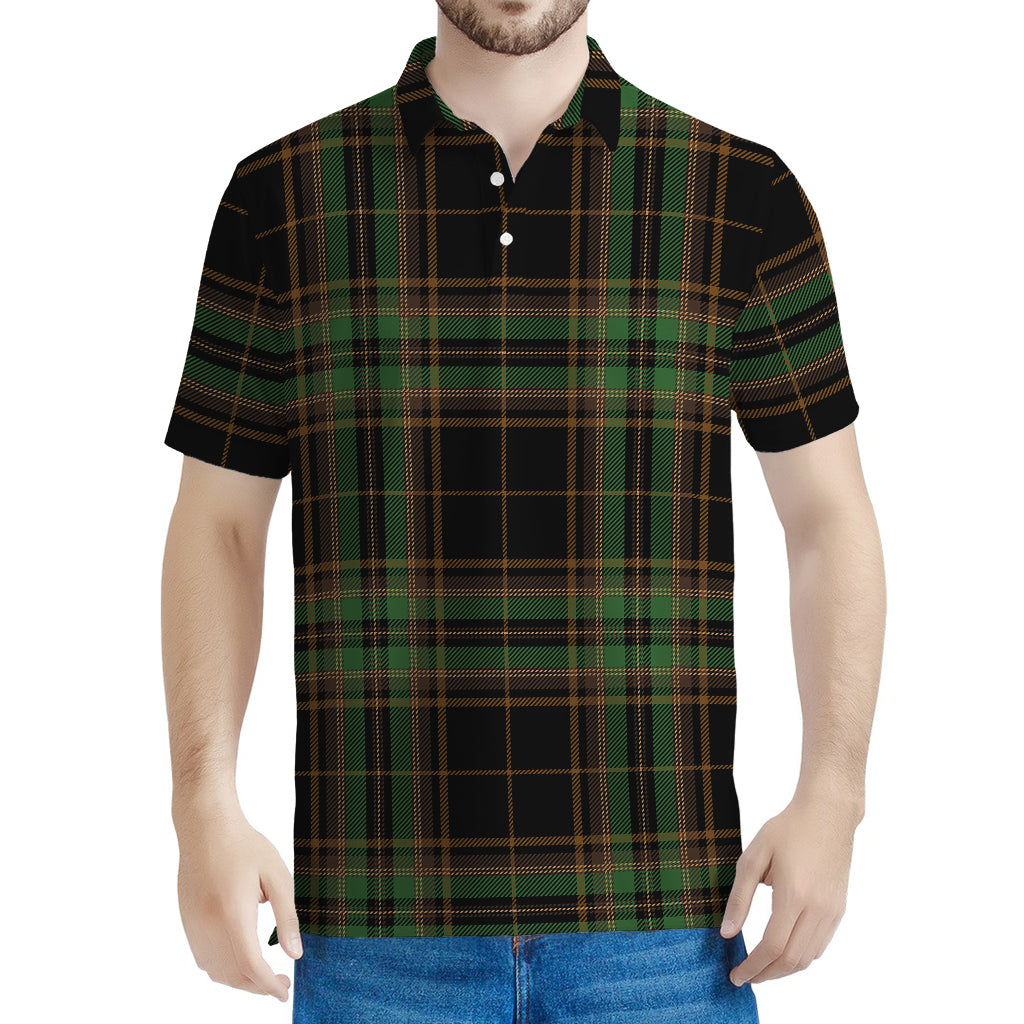 Black And Green Stewart Tartan Print Men's Polo Shirt