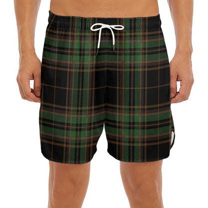 Black And Green Stewart Tartan Print Men's Split Running Shorts