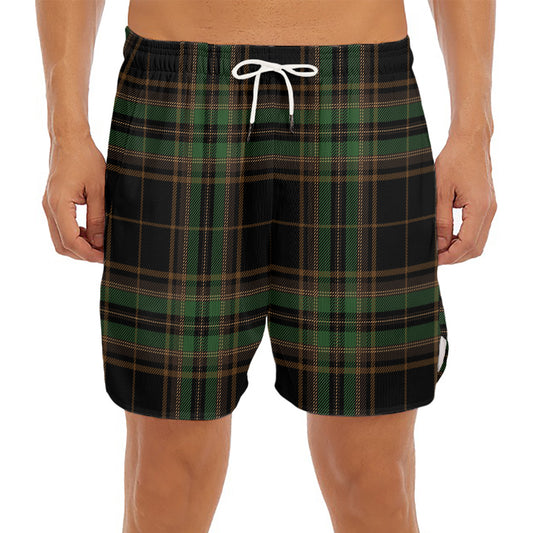Black And Green Stewart Tartan Print Men's Split Running Shorts