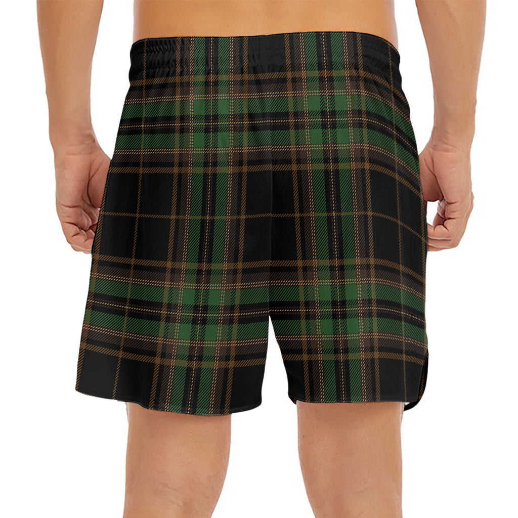 Black And Green Stewart Tartan Print Men's Split Running Shorts