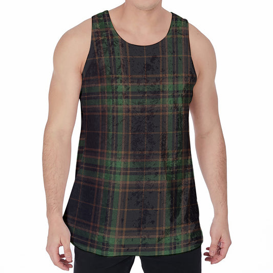 Black And Green Stewart Tartan Print Men's Velvet Tank Top