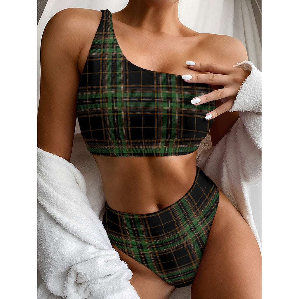 Black And Green Stewart Tartan Print One Shoulder Bikini Top