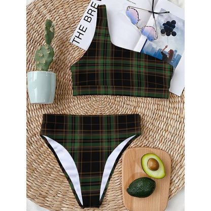 Black And Green Stewart Tartan Print One Shoulder Bikini Top