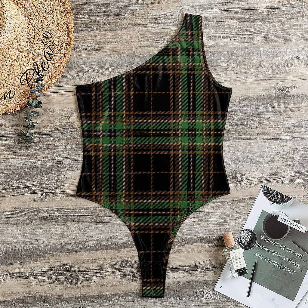 Black And Green Stewart Tartan Print One Shoulder Bodysuit