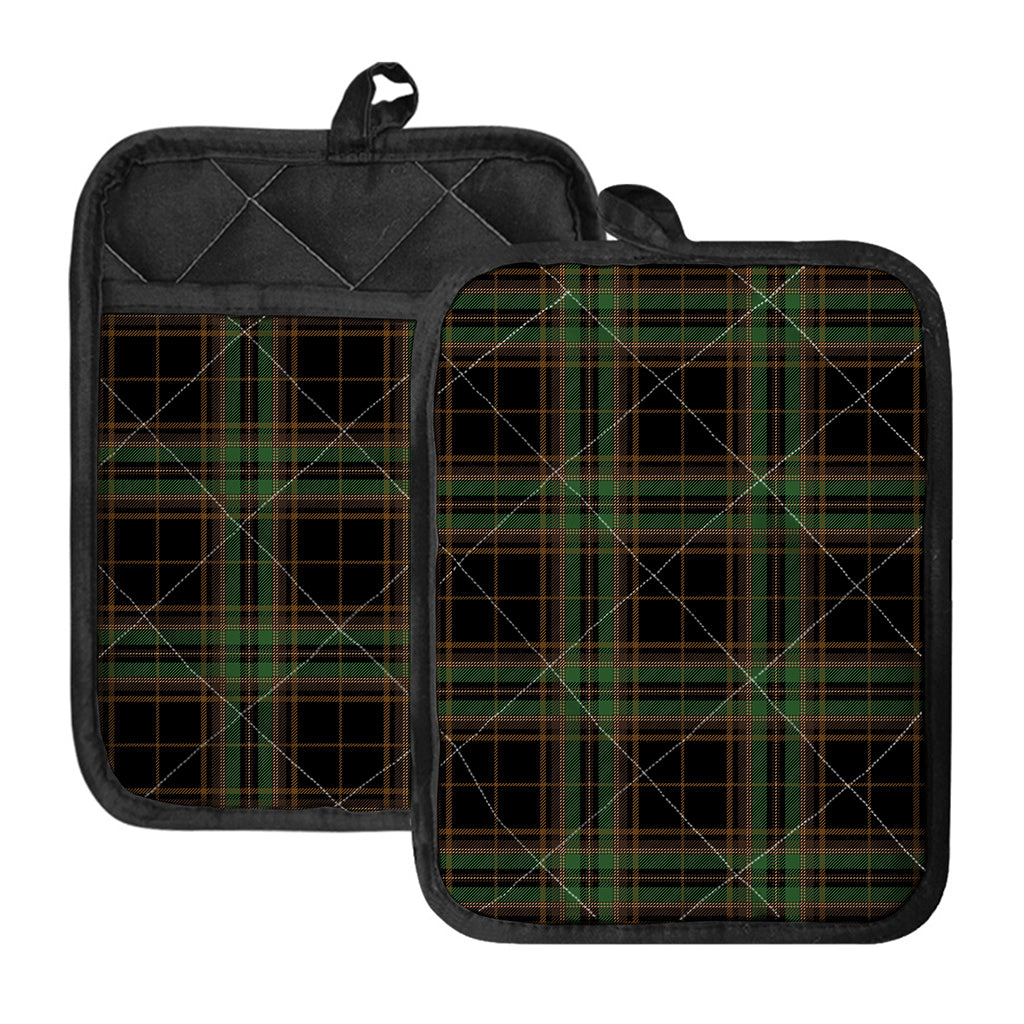Black And Green Stewart Tartan Print Pot Holders With Pocket