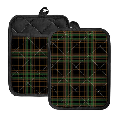 Black And Green Stewart Tartan Print Pot Holders With Pocket