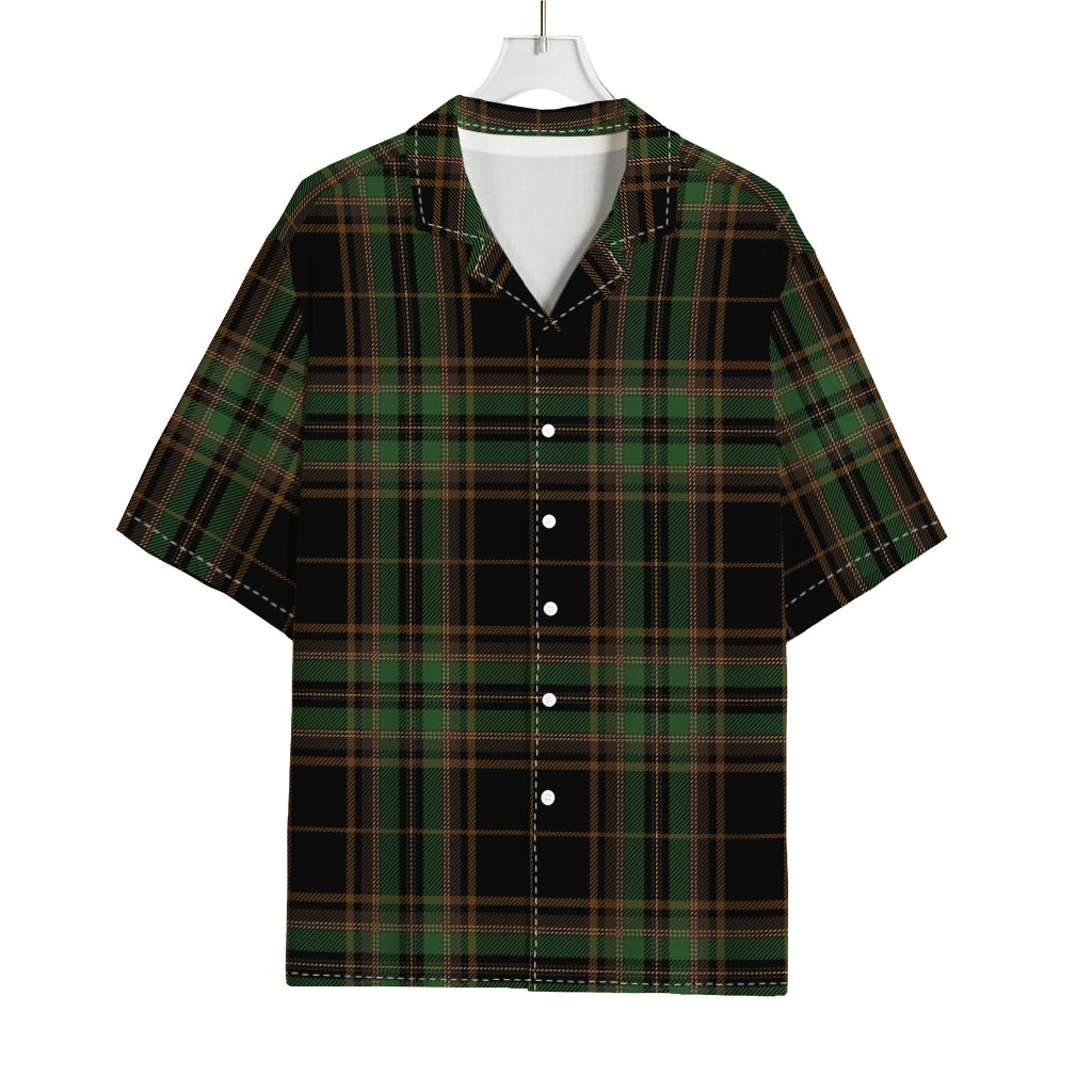 Black And Green Stewart Tartan Print Rayon Hawaiian Shirt