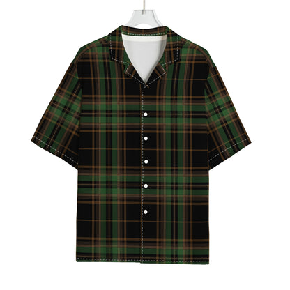 Black And Green Stewart Tartan Print Rayon Hawaiian Shirt