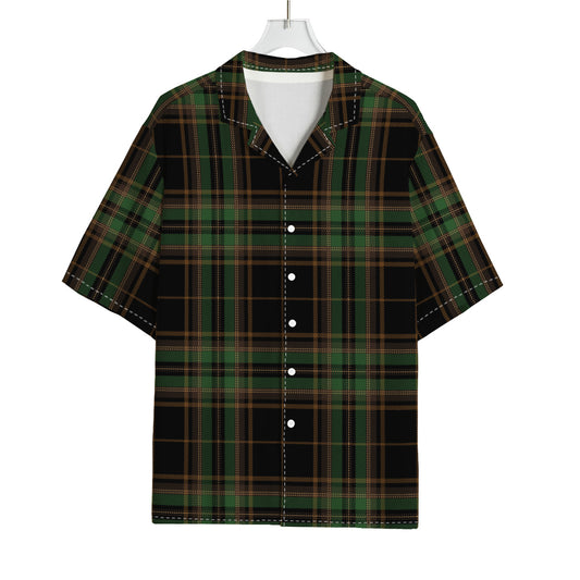 Black And Green Stewart Tartan Print Rayon Hawaiian Shirt