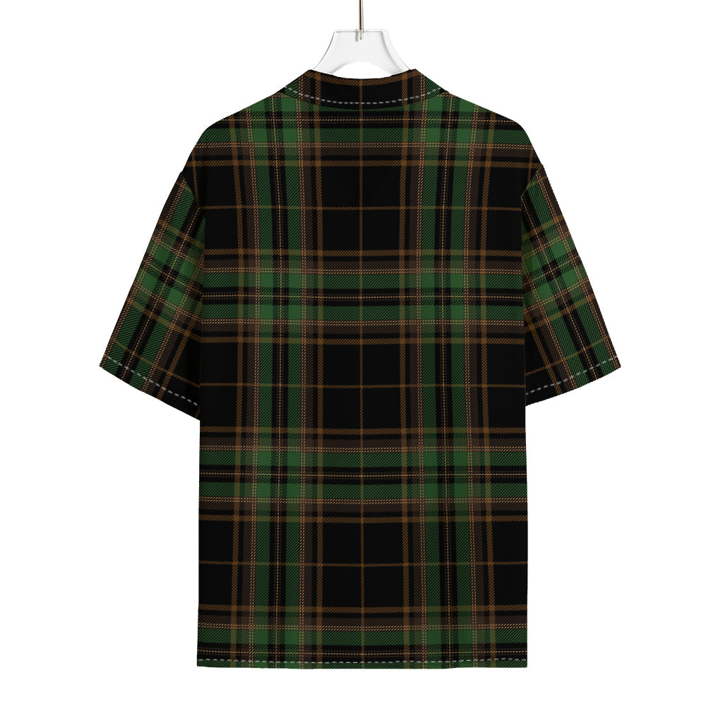 Black And Green Stewart Tartan Print Rayon Hawaiian Shirt