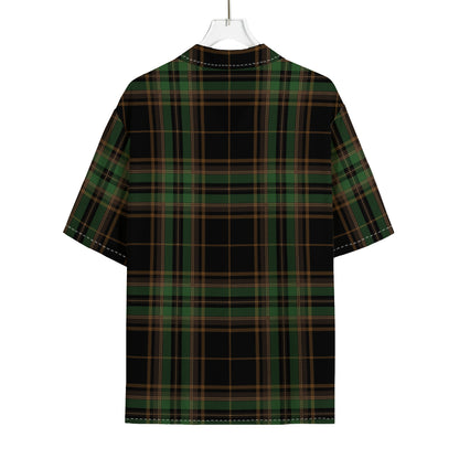 Black And Green Stewart Tartan Print Rayon Hawaiian Shirt