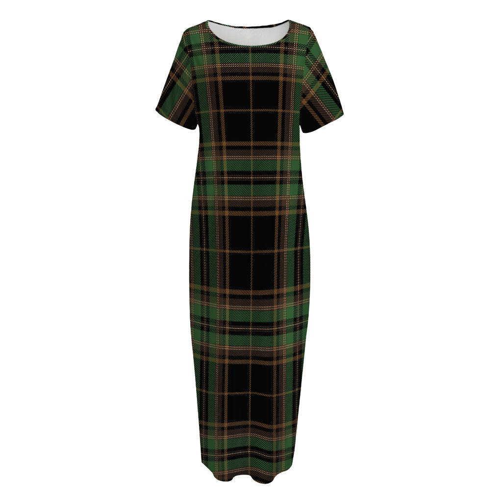 Black And Green Stewart Tartan Print Short Sleeve Long Nightdress