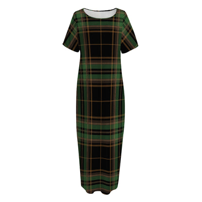 Black And Green Stewart Tartan Print Short Sleeve Long Nightdress