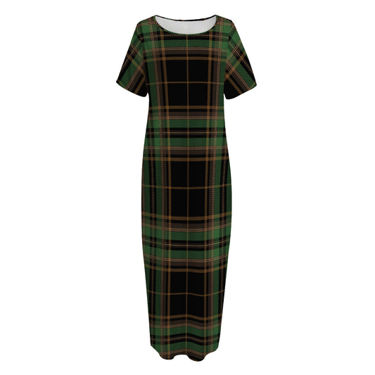 Black And Green Stewart Tartan Print Short Sleeve Long Nightdress