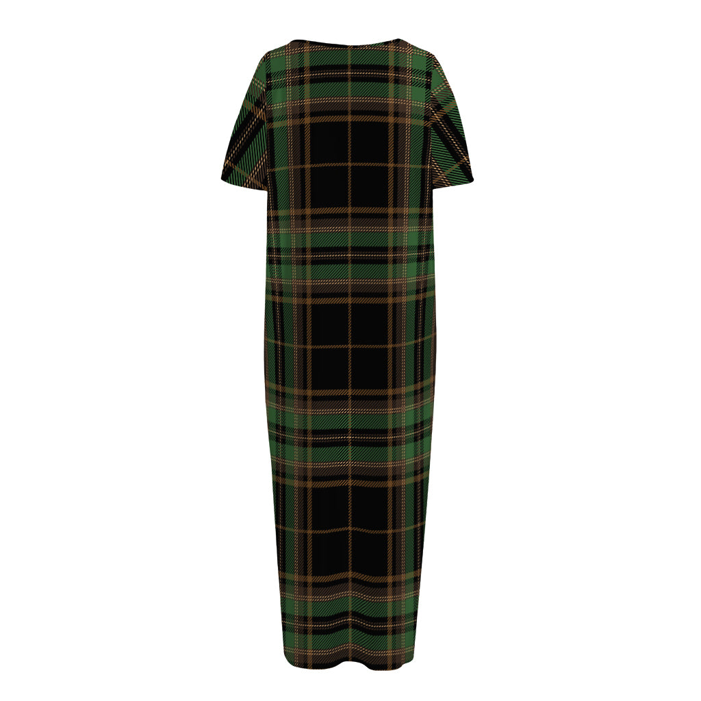 Black And Green Stewart Tartan Print Short Sleeve Long Nightdress