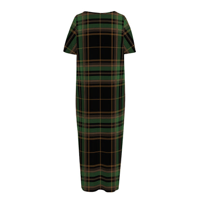 Black And Green Stewart Tartan Print Short Sleeve Long Nightdress