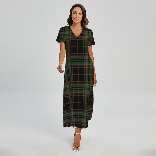Black And Green Stewart Tartan Print Short Sleeve Maxi Dress