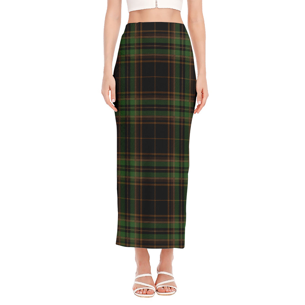 Black And Green Stewart Tartan Print Side Slit Maxi Skirt
