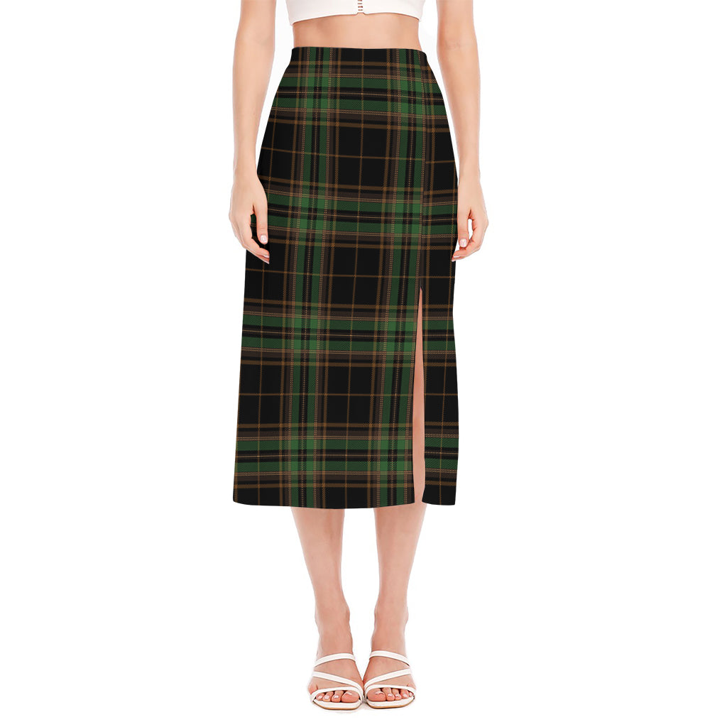 Black And Green Stewart Tartan Print Side Slit Midi Skirt