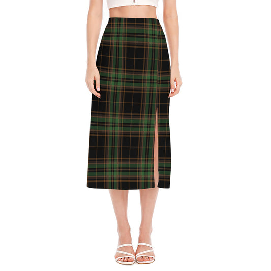 Black And Green Stewart Tartan Print Side Slit Midi Skirt