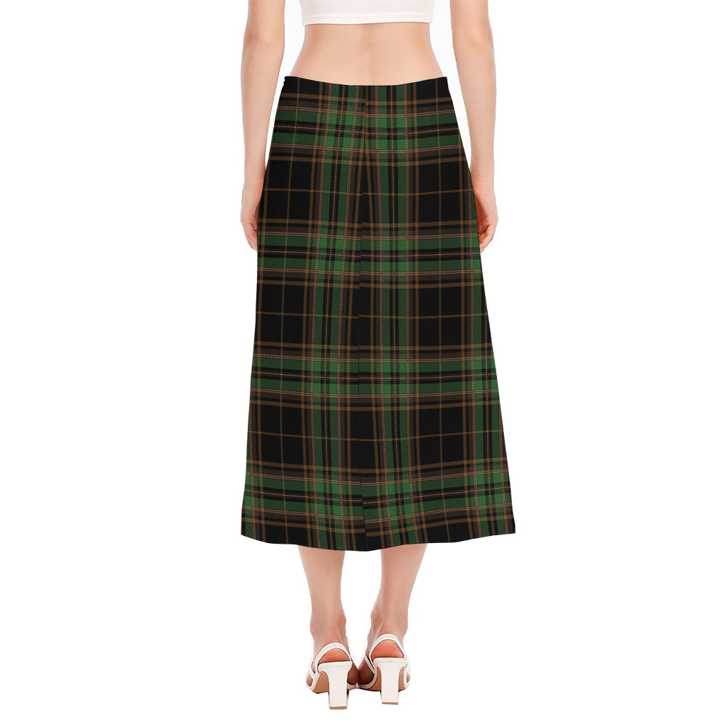 Black And Green Stewart Tartan Print Side Slit Midi Skirt