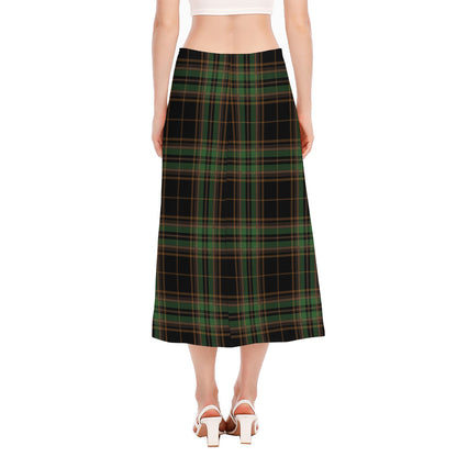 Black And Green Stewart Tartan Print Side Slit Midi Skirt