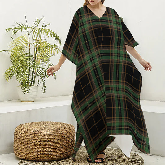 Black And Green Stewart Tartan Print Silk V-Neck Kaftan Dress