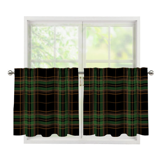 Black And Green Stewart Tartan Print Tier Curtains