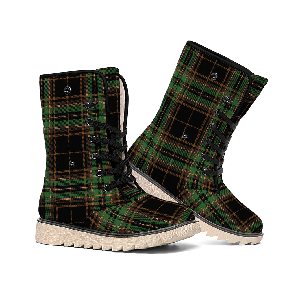 Black And Green Stewart Tartan Print Winter Boots