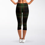Black And Green Stewart Tartan Print Women's Capri Leggings