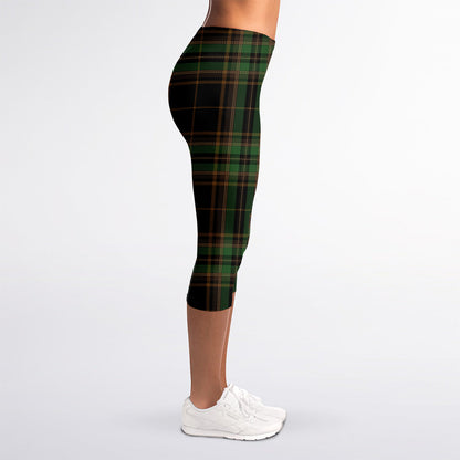 Black And Green Stewart Tartan Print Women's Capri Leggings