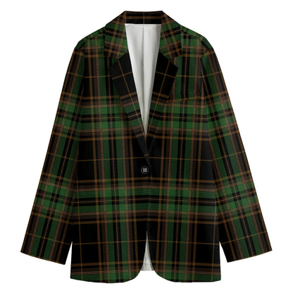 Black And Green Stewart Tartan Print Women's Cotton Blazer