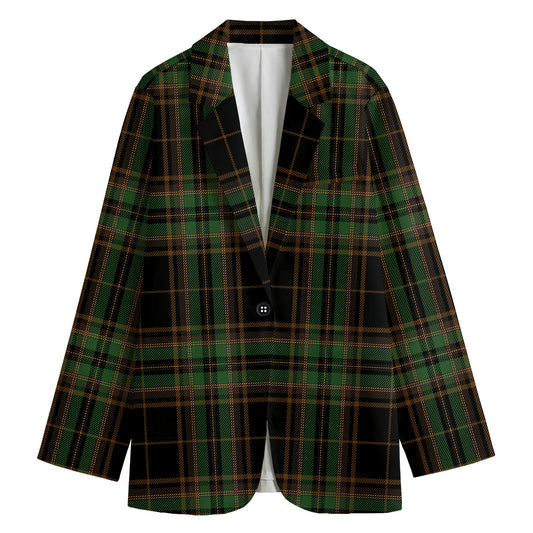 Black And Green Stewart Tartan Print Women's Cotton Blazer