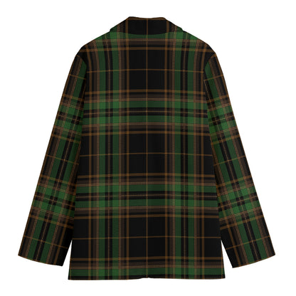 Black And Green Stewart Tartan Print Women's Cotton Blazer
