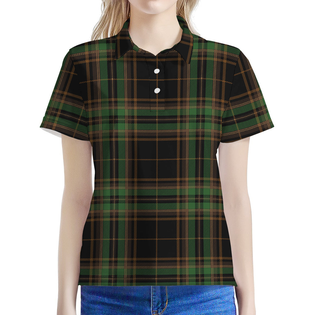 Black And Green Stewart Tartan Print Women's Polo Shirt