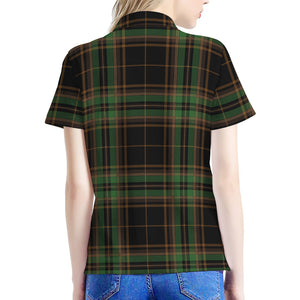 Black And Green Stewart Tartan Print Women's Polo Shirt